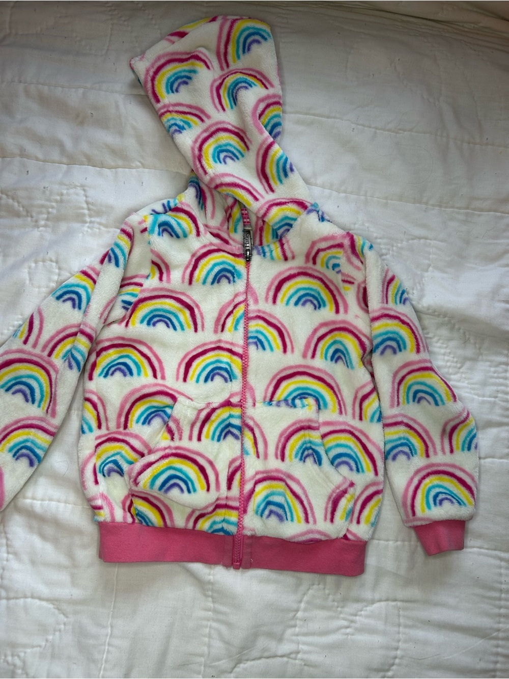 Hatley White Rainbow Fleece Hoodie with Pink Trim